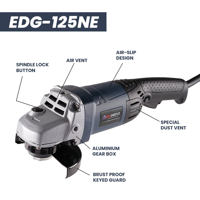 JRSDRIVE Heavy Duty Angle Grinder with 125 Mm Wheel Dia, 3000-9000 Rpm, 1350W, Single Speed model (EDG-125NE)