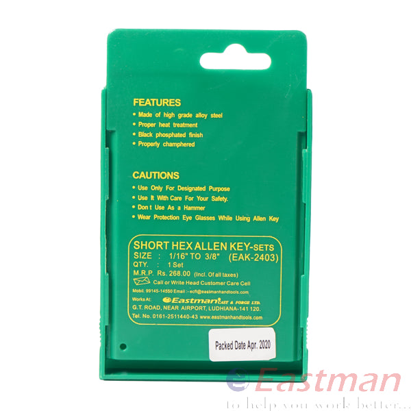 EASTMAN EAK-2403 Allen Key : 9 PC SET Chrome Vanadium Steel Phosphate Finish Extra Long Black Ball Point Fully Heat Treated 48-52 HRC Hex Key Allen Wrench Set With Comfort Grip