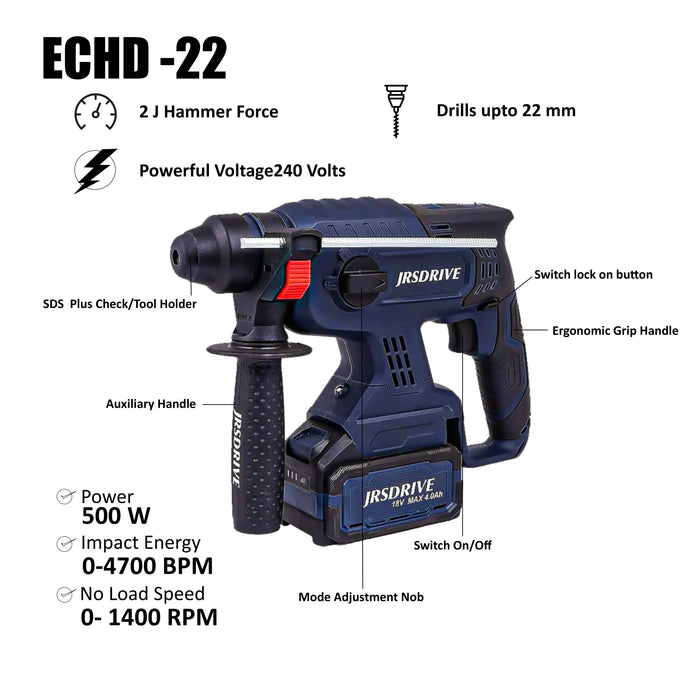 Eastman JRS DRIVE Cordless Brushless Rotary Hammer Drill Machine-22mm ECHD22