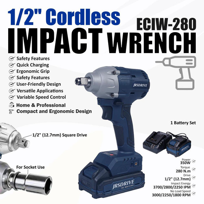 JRSDRIVE  1/2" Cordless Impact Wrench-280Nm, ECIW-280