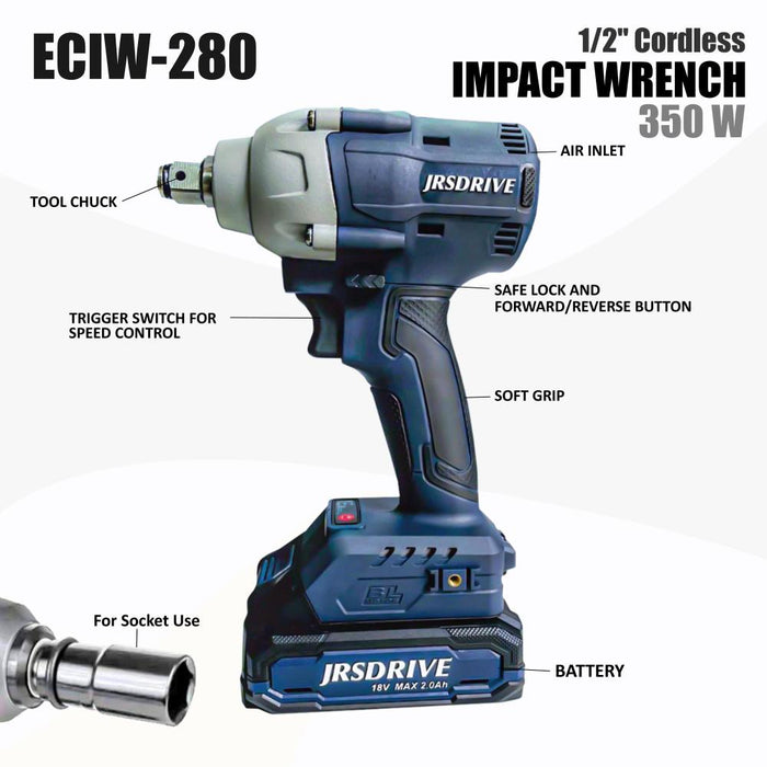 JRSDRIVE  1/2" Cordless Impact Wrench-280Nm, ECIW-280