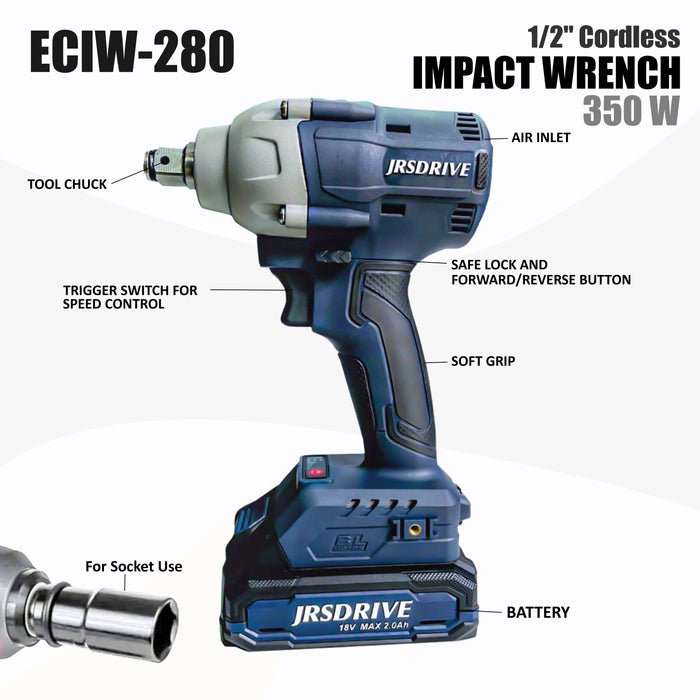 JRS Drive 1/2" Cordless Impact Wrench-280Nm, ECIW280