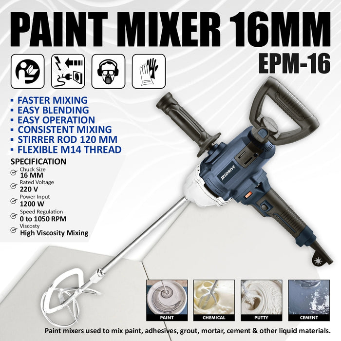 JRSDRIVE PAINT MIXER 16MM WITH 120MM ROD (1200W) EPM16