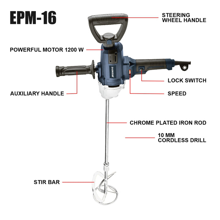 JRSDRIVE PAINT MIXER 16MM WITH 120MM ROD (1200W) EPM16