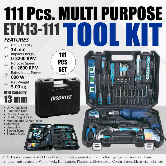 JRSDRIVE 111 Pc Tool Kit, 3200 Bpm ,Speed 2800Rpm, 600W ,ETK-13