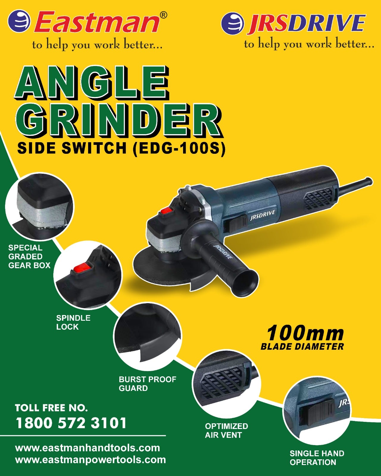 JRS Angle Grinder , Wheel Dia 100 Mm, Speed 11000 RPM. EDG-100S ...